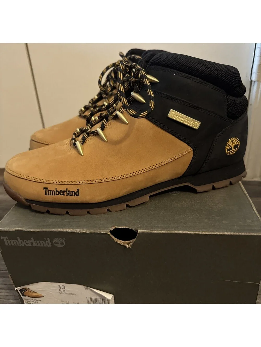 Timberland Euro Sprint Mid Hiker Boots Mens Size 13 Wheat Black EUC Box